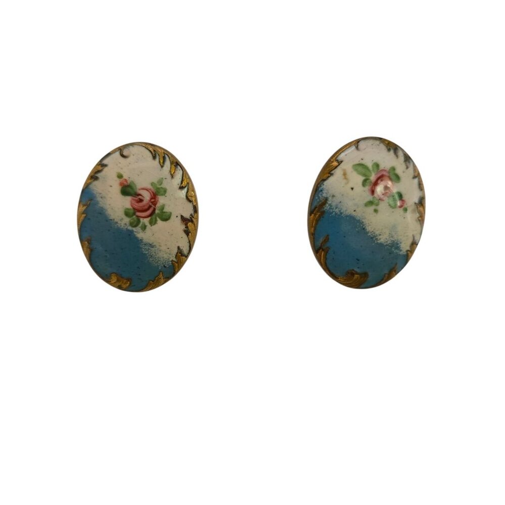 Antique Enamel and Brass Screw Back Earrings (A9123)